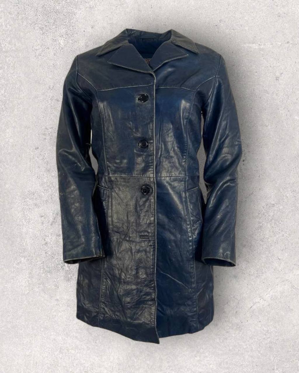 Vintage Bershka Navy Leather Coat (XS-S)