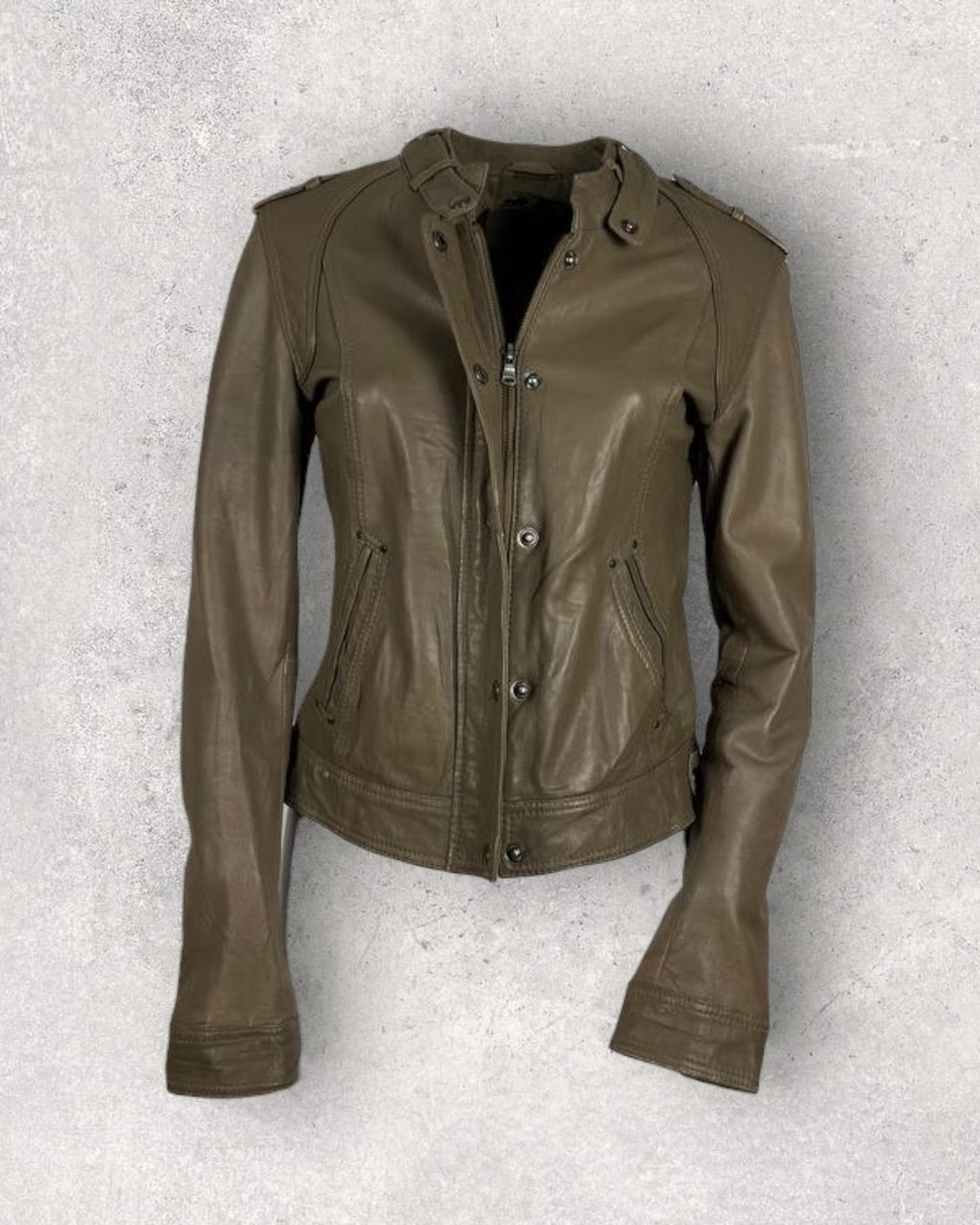 Fitted Olive Leather Moto Jacket (S-M)