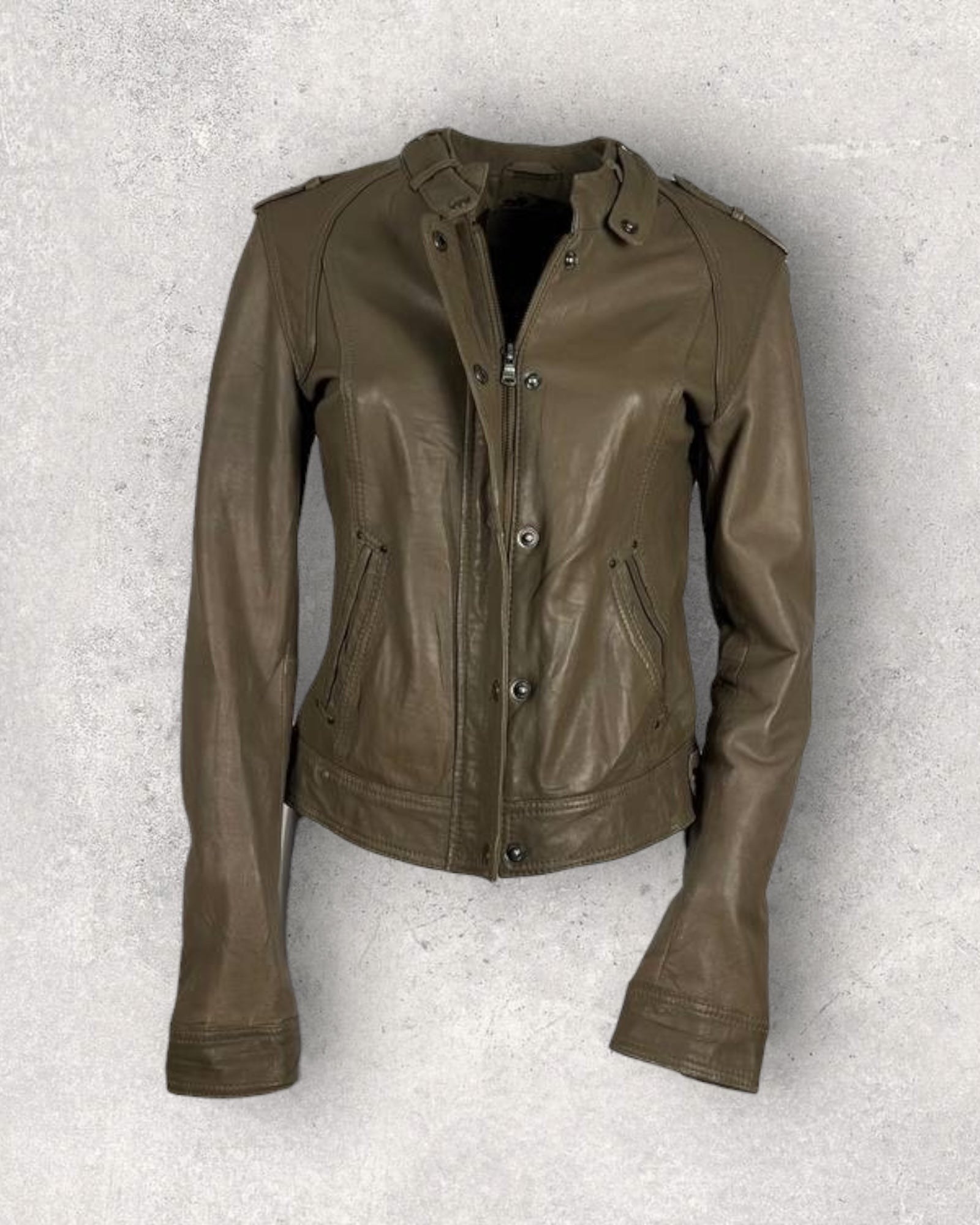 Fitted Olive Leather Moto Jacket (S-M)