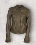 Fitted Olive Leather Moto Jacket (S-M)