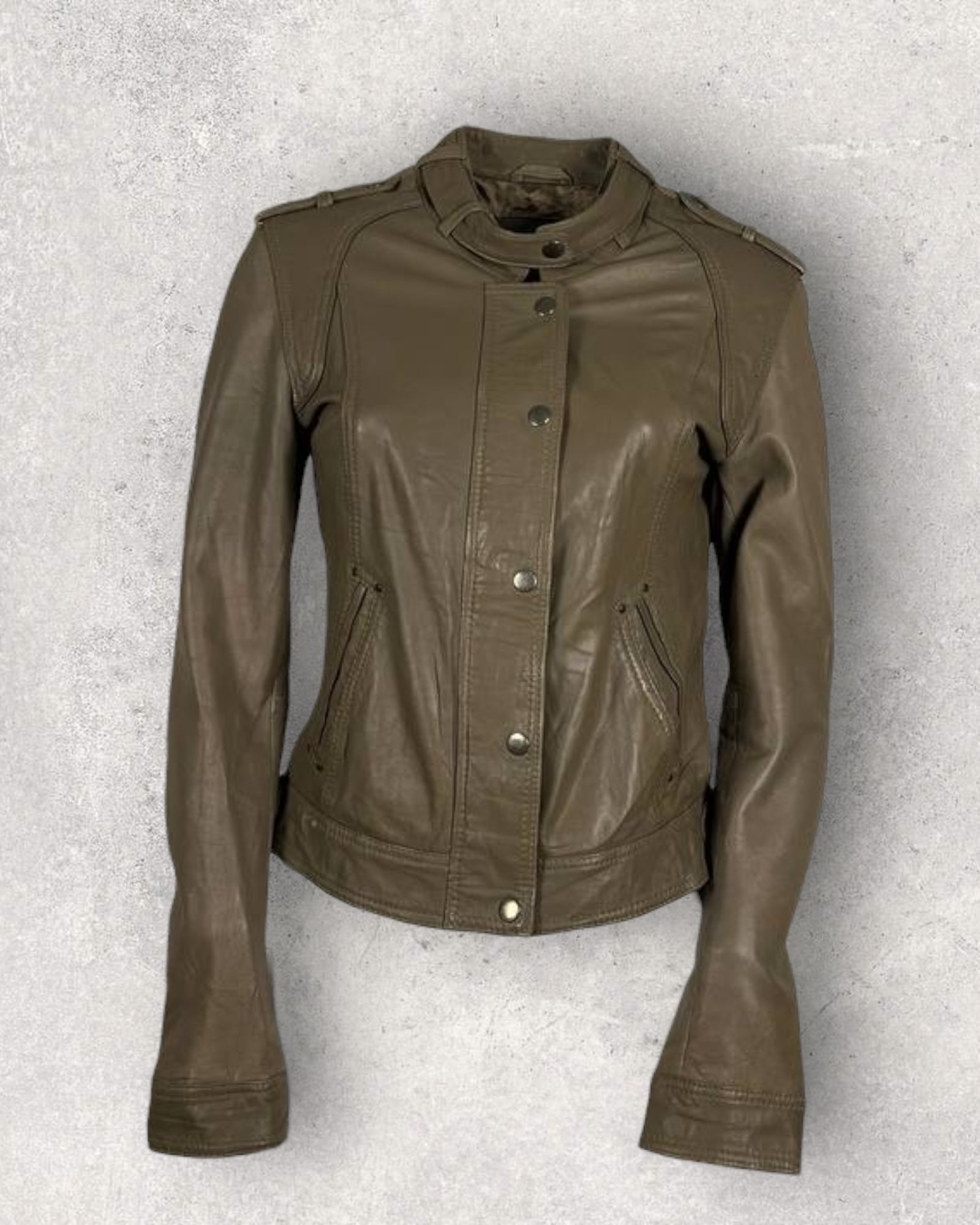 Fitted Olive Leather Moto Jacket (S-M)