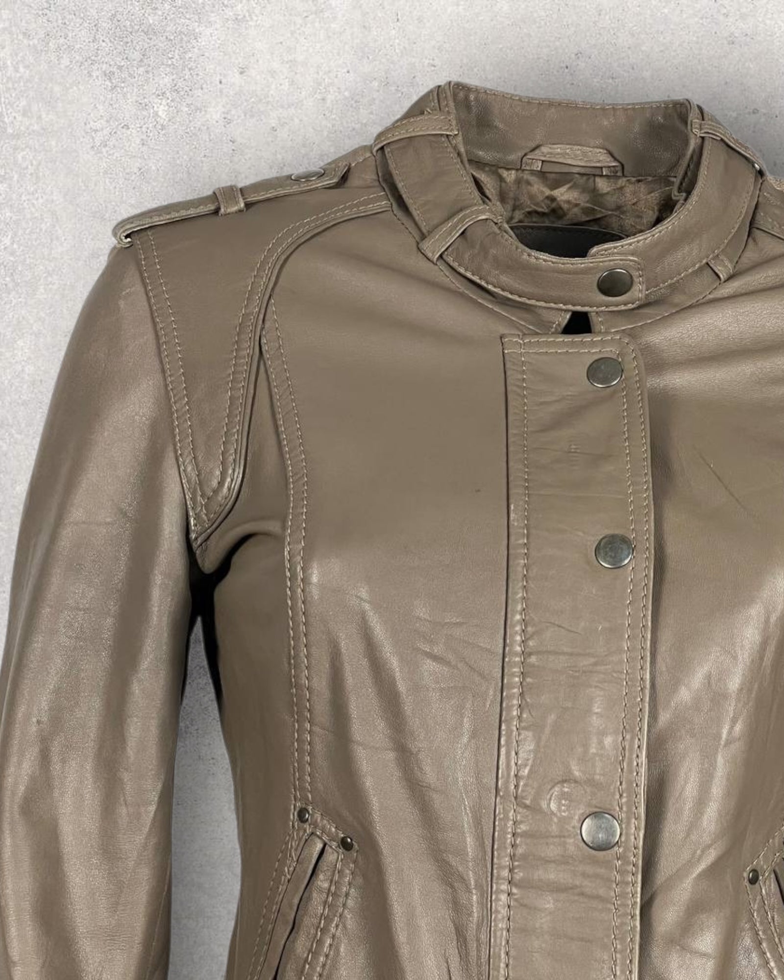 Fitted Olive Leather Moto Jacket (S-M)
