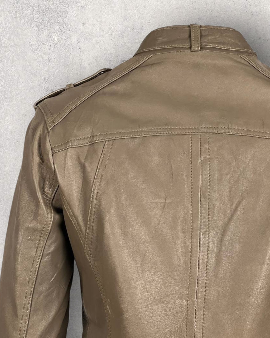 Fitted Olive Leather Moto Jacket (S-M)
