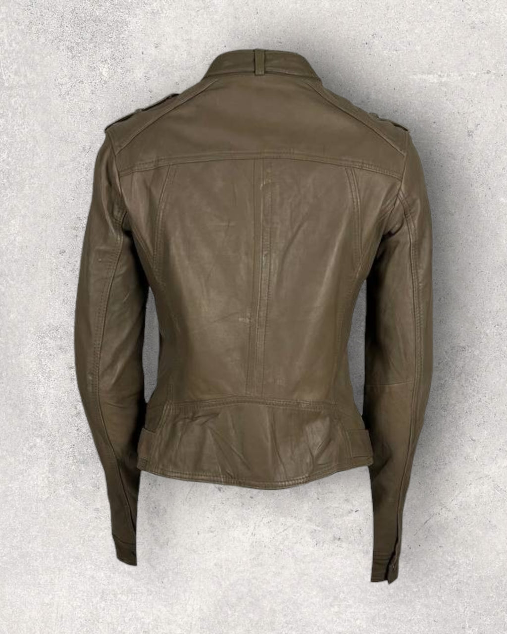 Fitted Olive Leather Moto Jacket (S-M)