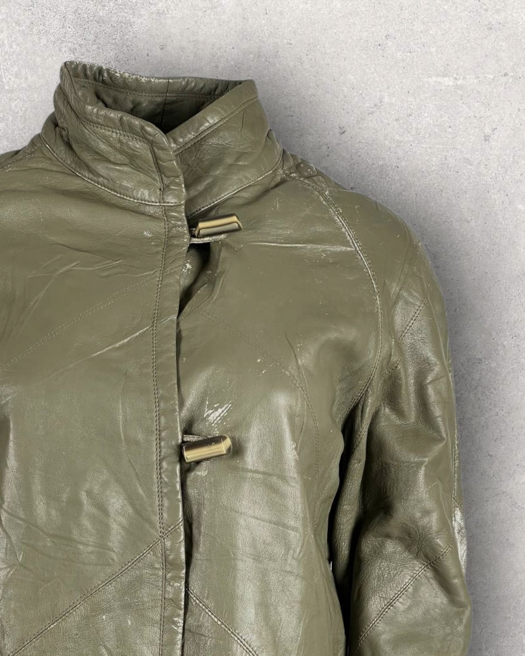 Olive Retro Leather Coat (M-L)